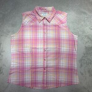 Vintage Wrangler Blues XL Pink Plaid Sleeveless Western Cotton Snap Shirt 90s